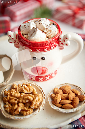 Image of Delicious homemade christmas hot chocolate or cocoa with marshmellows