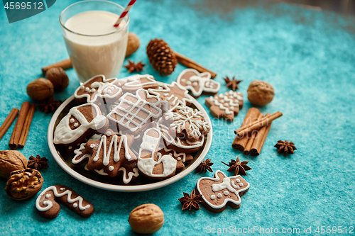 Image of Sweet Christmas composition. Assortment of gingerbread cookies on a plate