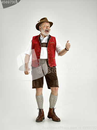 Image of Portrait of Oktoberfest man, wearing a traditional Bavarian clothes