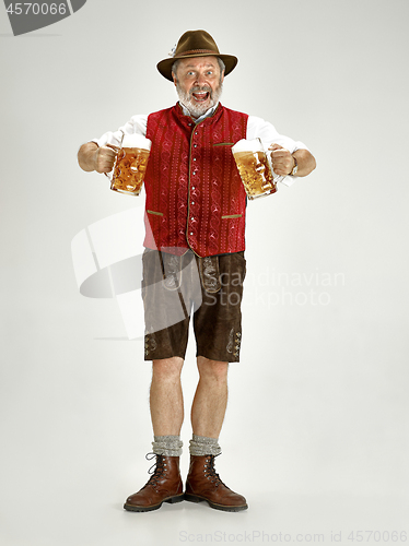 Image of Portrait of Oktoberfest man, wearing a traditional Bavarian clothes