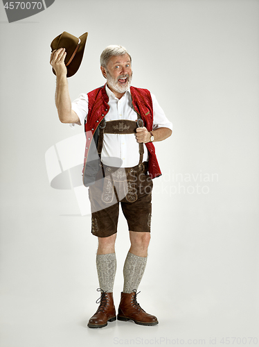 Image of Portrait of Oktoberfest man, wearing a traditional Bavarian clothes