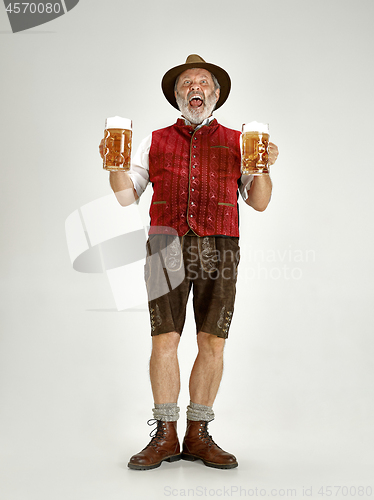 Image of Portrait of Oktoberfest man, wearing a traditional Bavarian clothes