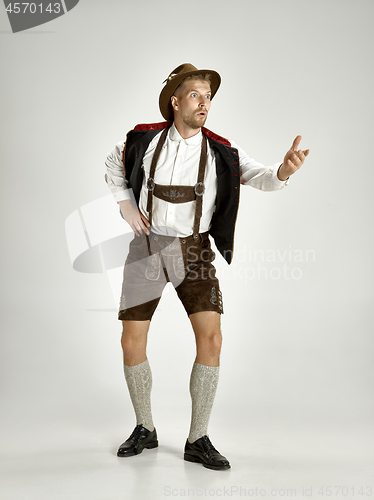 Image of Portrait of Oktoberfest man, wearing a traditional Bavarian clothes