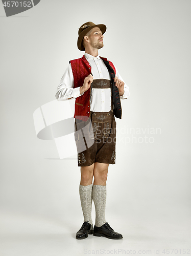 Image of Portrait of Oktoberfest man, wearing a traditional Bavarian clothes