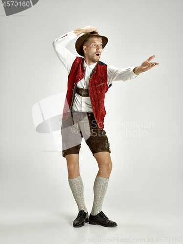 Image of Portrait of Oktoberfest man, wearing a traditional Bavarian clothes