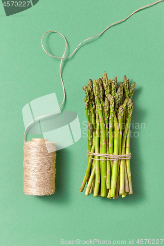 Image of Organic natural asparagus in a bundle and coil of rope on a green background.