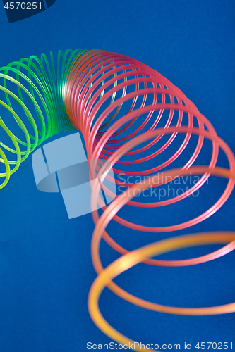 Image of Close up curve of rainbow plastic toy spiral.