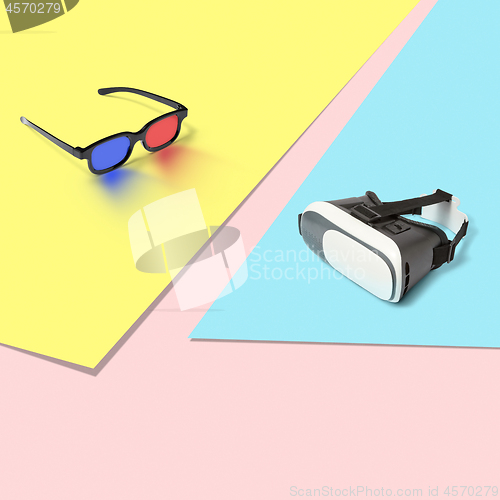 Image of 3D and virtual reality glasses on a tricolor pastel background.