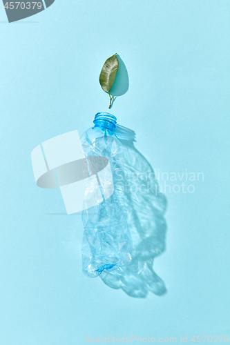 Image of Used enpty plastic bottle with green leaf and shadows on blue.