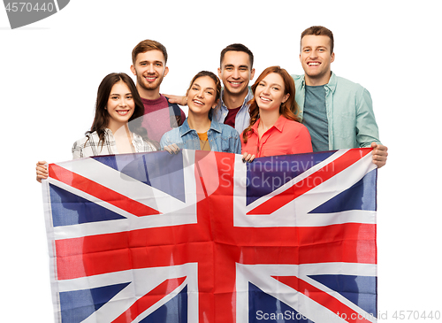 Image of group of smiling friends with british flag
