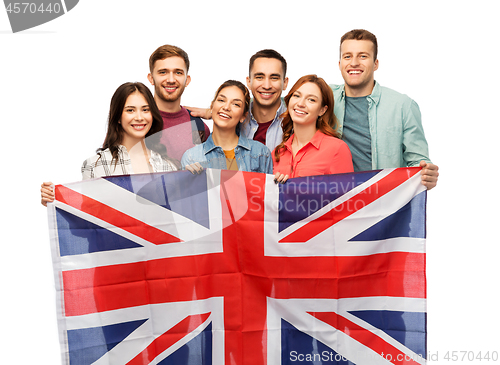 Image of group of smiling friends with british flag