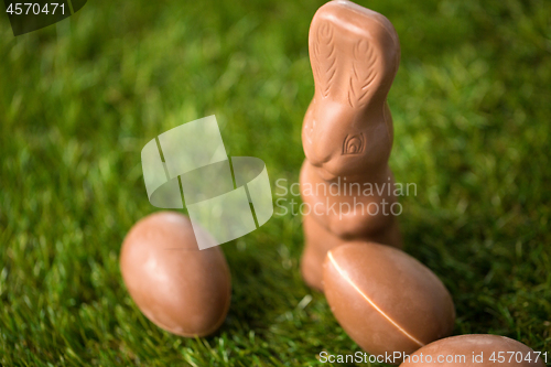 Image of close up of chocolate bunny and easter eggs
