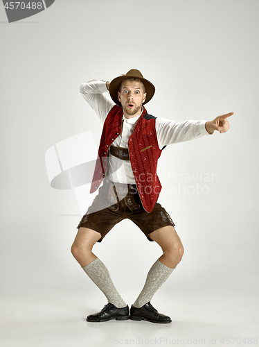 Image of Portrait of Oktoberfest man, wearing a traditional Bavarian clothes