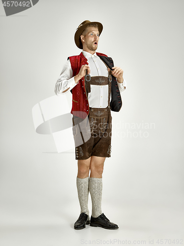 Image of Portrait of Oktoberfest man, wearing a traditional Bavarian clothes