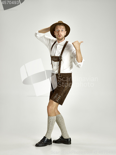 Image of Portrait of Oktoberfest man, wearing a traditional Bavarian clothes