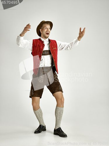 Image of Portrait of Oktoberfest man, wearing a traditional Bavarian clothes