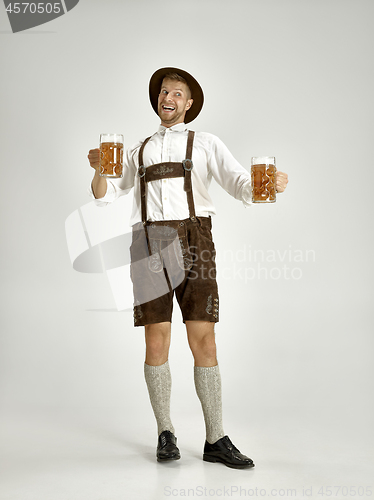 Image of Portrait of Oktoberfest man, wearing a traditional Bavarian clothes