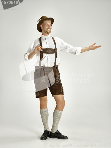 Image of Portrait of Oktoberfest man, wearing a traditional Bavarian clothes