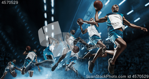 Image of Collage. Basketball player on big professional arena during the game. Basketball player making slam dunk.