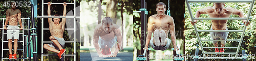 Image of Athlete doing exercises at stadium at park