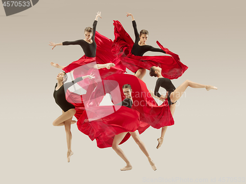 Image of Modern ballet dancer dancing in full body on white studio background.