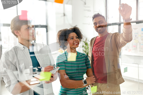 Image of happy creative team at office glass board