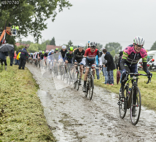 Image of The Peloton on a Cobblestone Road - Tour de France 2014