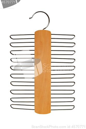 Image of Wooden belts hanger on white