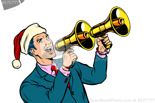 Image of Christmas sale. Businessman advertises with megaphone