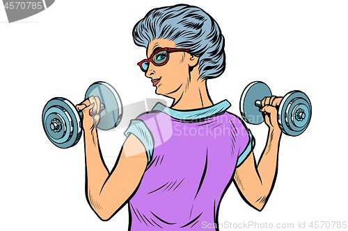 Image of fitness dumbbells sport activity Woman grandmother pensioner elderly lady