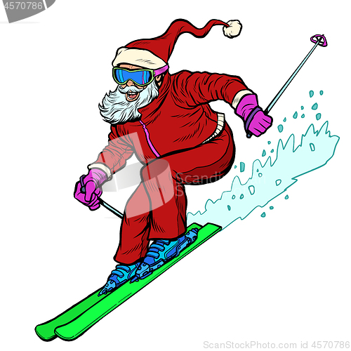 Image of Santa Claus character goes skiing merry Christmas and happy new year