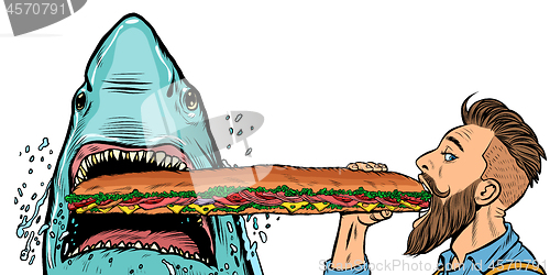 Image of shark and man eating fast food sandwiches. Hunger and street food concept.