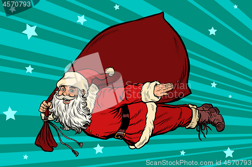 Image of Santa Claus superhero is flying with a bag of gifts