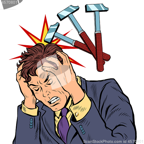 Image of throbbing headache man. hammer blows