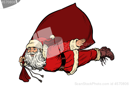 Image of Santa Claus superhero is flying with a bag of gifts