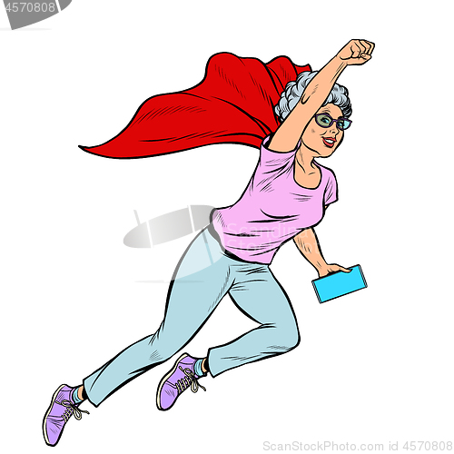 Image of superhero flying active strong Woman grandmother pensioner elderly lady