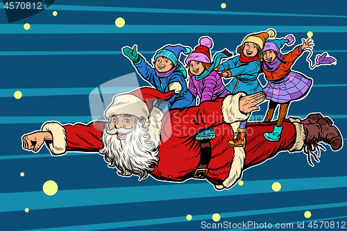 Image of superhero Santa Claus with children. Christmas and New year