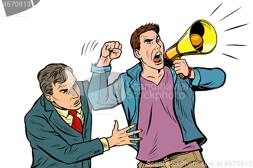 Image of scared man in the street calms a protester with a megaphone