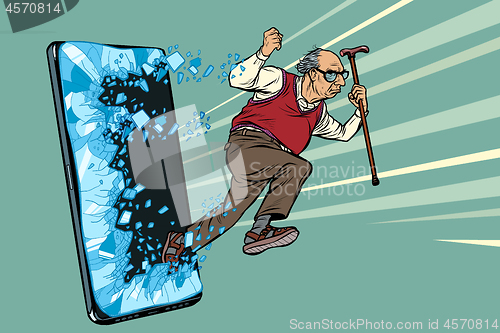 Image of old man retired grandfather Phone gadget smartphone. Online Internet application service program