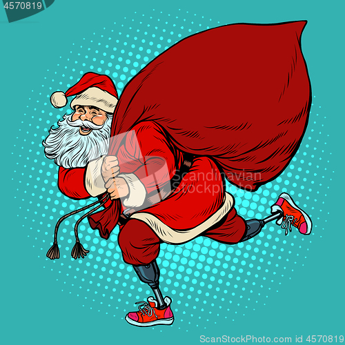 Image of Santa Claus disabled on prostheses delivers gifts for Christmas