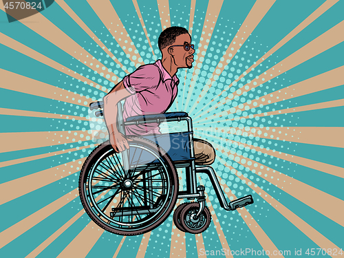 Image of legless african man disabled veteran in a wheelchair