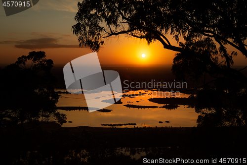 Image of Sunrise lake views through the treetops