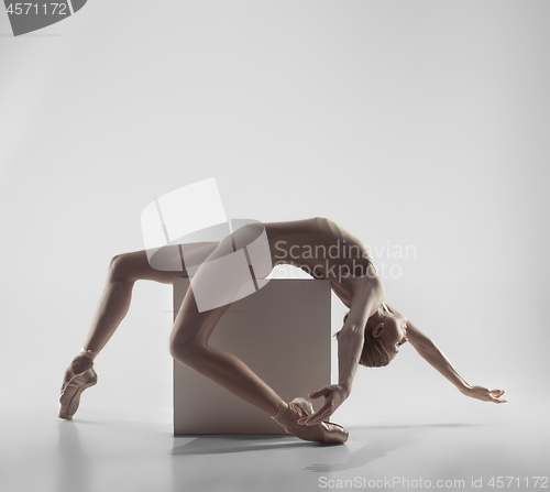 Image of Ballerina. Young graceful female ballet dancer dancing at studio. Beauty of classic ballet.