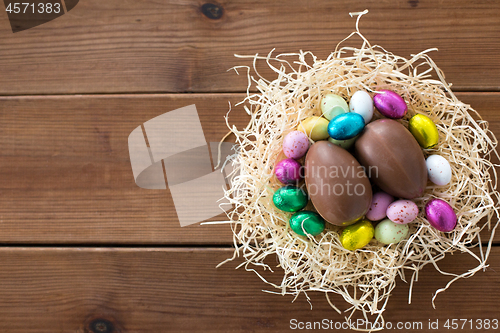 Image of chocolate eggs and candies in straw nest