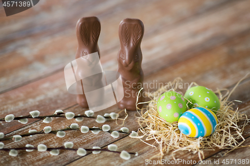 Image of easter eggs, chocolate bunnies and pussy willow