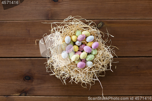 Image of easter eggs in straw nest on wooden table