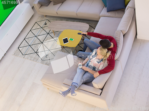 Image of Young couple on the sofa watching television