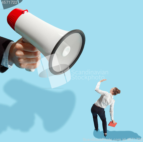 Image of Flat isometric view of businesswoman and male hand with megaphone