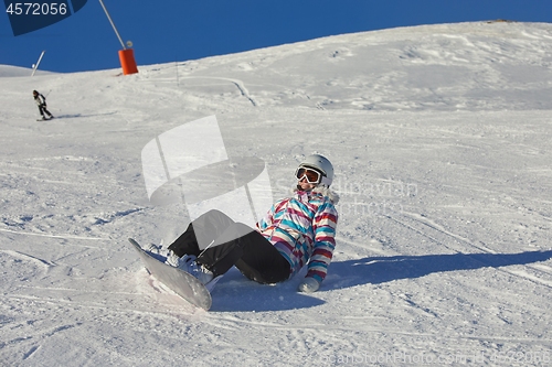 Image of Snowboarder sitting in the snlow