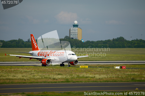 Image of BUDAPEST, HUNGARY - MAY 5: EasyJet A319 taxiing at Budapest Liszt Ferenc Airport, May 5th 2012. Easyjet is the second largest low-cost airline of Europe.